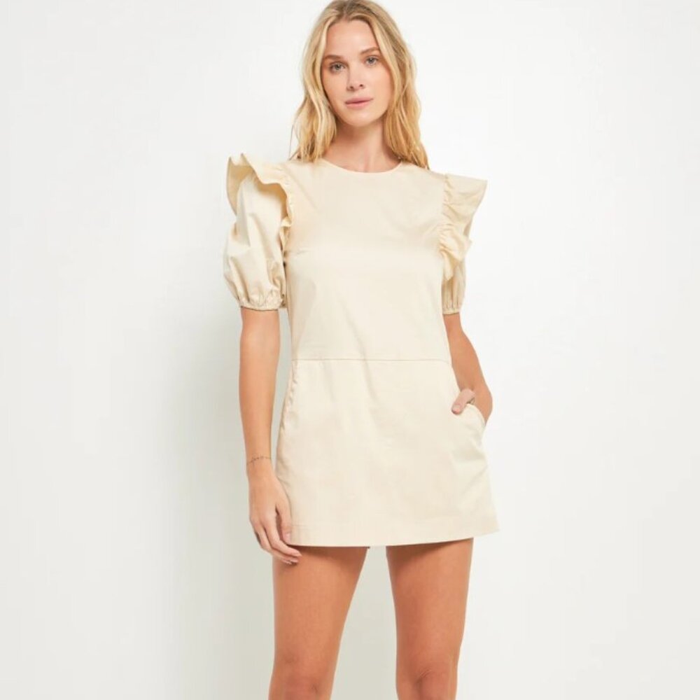 English Factory Puff Sleeve Skort Romper Women's Medium Beige